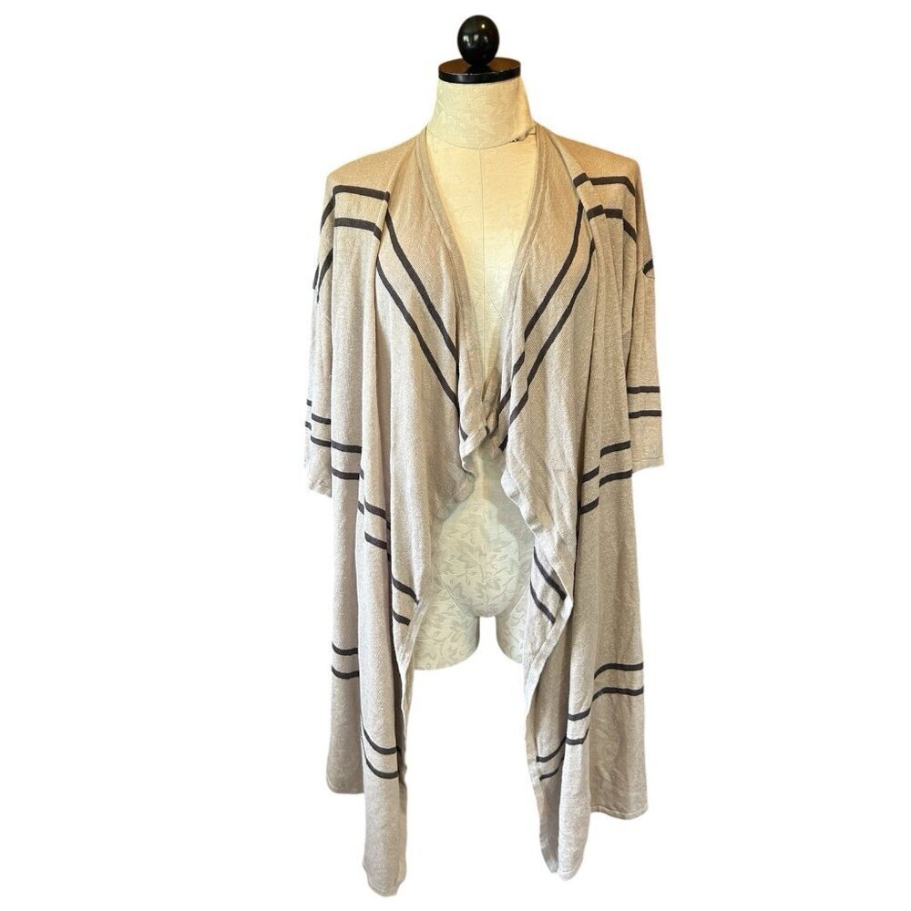 Garnet Hill Organic LINEN Open Cardigan Beige‎ & Brown Striped Lightweight M